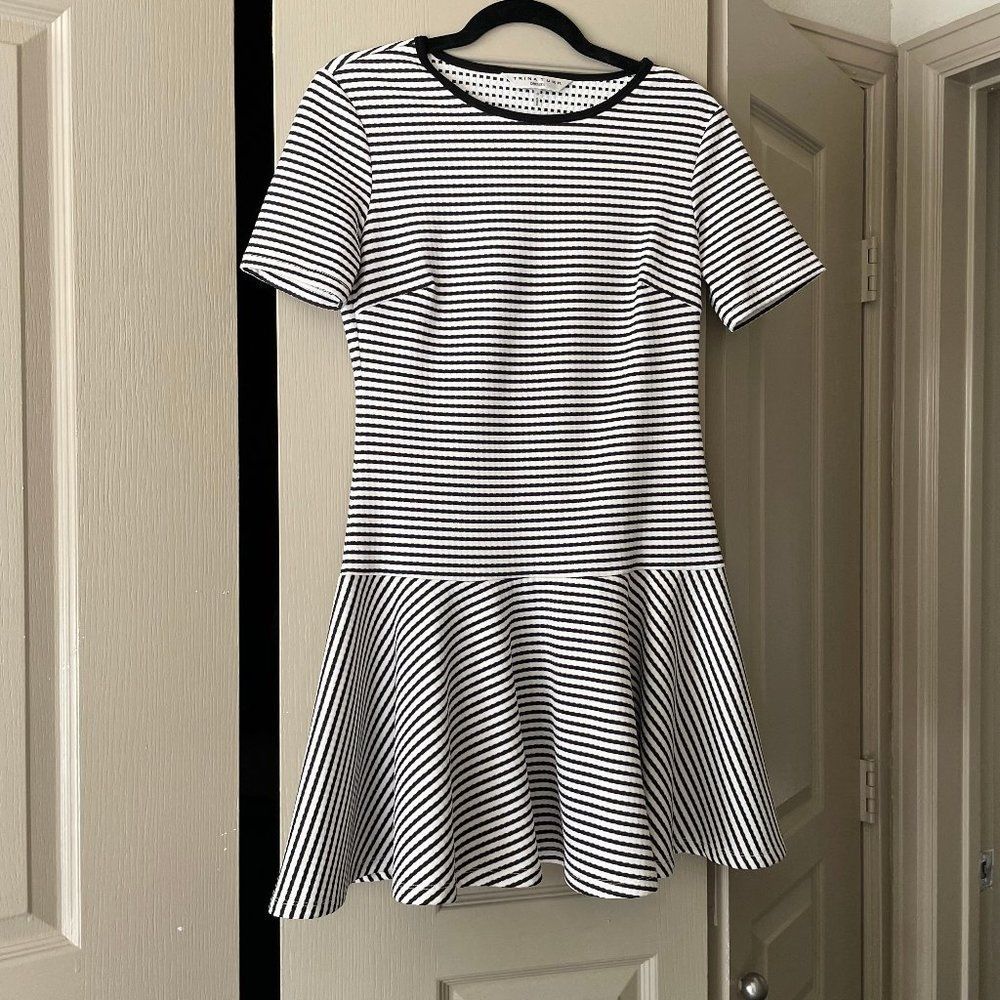 Trina Turk Black and White Stripe Mason Short Sleeve Mini Dress